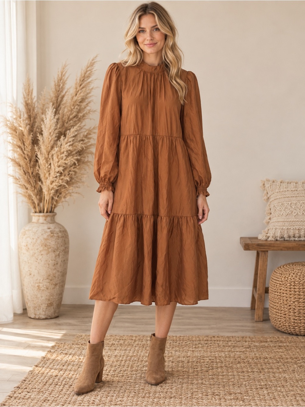 Emberley Boho Minimalist Tiered Midi Dress with Long Bishop Mustard Brown